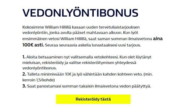 William Hill Vedonlyöntibonus ilmaisveto